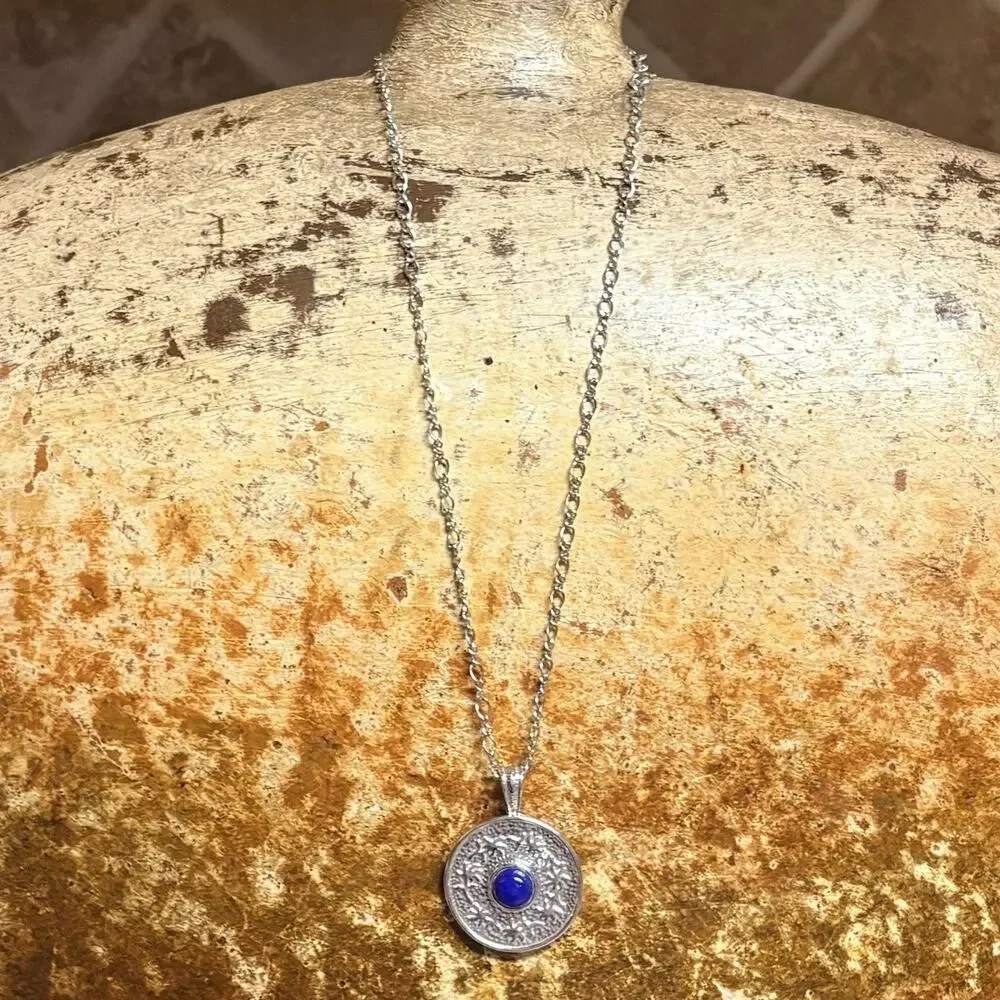 Sterling Silver and Lapis Necklace Ornate Design on Sterling Silver Chain 18 In